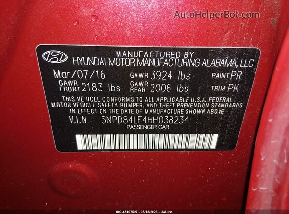 5NPD84LF4HH038234 2017 HYUNDAI ELANTRA Красный Вид подкапотного пространства