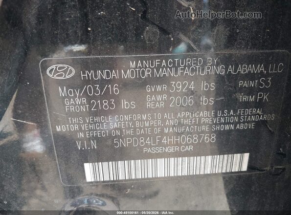 5NPD84LF4HH068768 2017 HYUNDAI ELANTRA Black Vista del compartimento del motor
