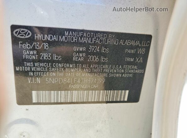 5NPD84LF4JH324199 2018 HYUNDAI ELANTRA White VIN կոդի պիտակի տեսք