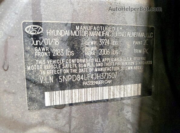5NPD84LF4JH371507 2018 HYUNDAI ELANTRA Серый Вид наклейки с VIN-кодом