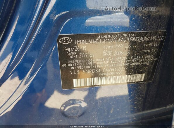 5NPD84LF4KH410677 2019 HYUNDAI ELANTRA Blue Vista del compartimento del motor
