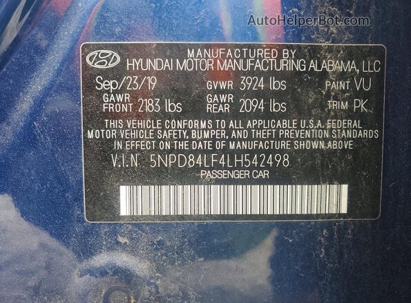 5NPD84LF4LH542498 2020 HYUNDAI ELANTRA Blue Widok komory silnika