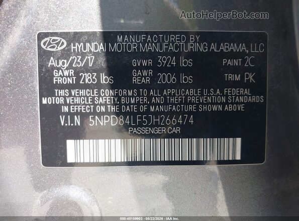 5NPD84LF5JH266474 2018 HYUNDAI ELANTRA Серый Вид подкапотного пространства