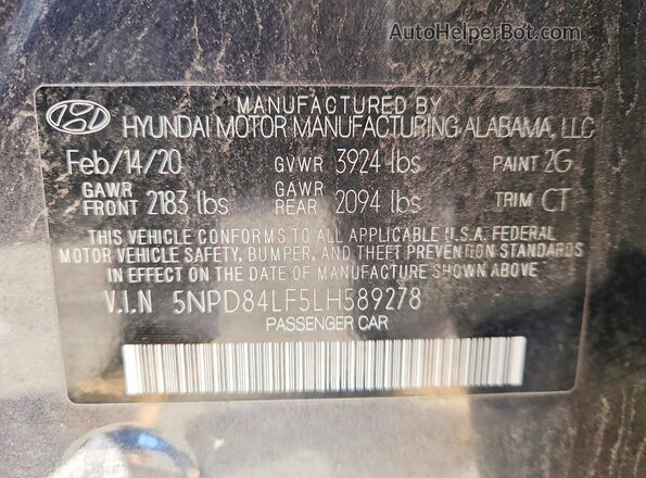 5NPD84LF5LH589278 2020 HYUNDAI ELANTRA Charcoal Widok naklejki z numerem VIN