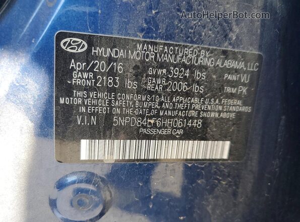 5NPD84LF6HH061448 2017 HYUNDAI ELANTRA Blue Vista del compartimento del motor