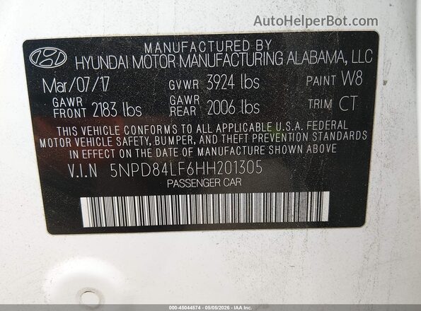 5NPD84LF6HH201305 2017 HYUNDAI ELANTRA White Widok komory silnika