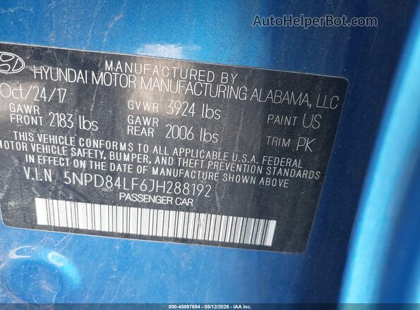 5NPD84LF6JH288192 2018 HYUNDAI ELANTRA Blue Engine compartment view