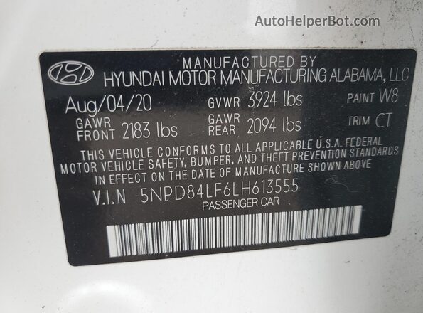5NPD84LF6LH613555 2020 HYUNDAI ELANTRA White Vista del compartimento del motor