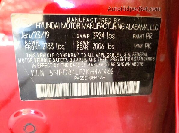 5NPD84LF7KH461462 2019 HYUNDAI ELANTRA Красный Вид подкапотного пространства