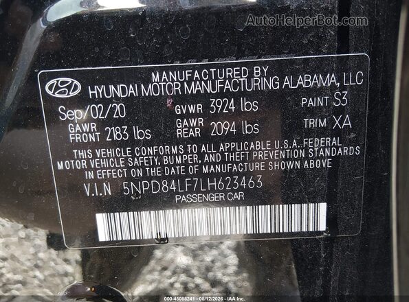 5NPD84LF7LH623463 2020 HYUNDAI ELANTRA Черный Вид подкапотного пространства