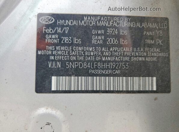 5NPD84LF8HH192753 2017 HYUNDAI ELANTRA Silver Շարժիչի բաժամունքի տեսք