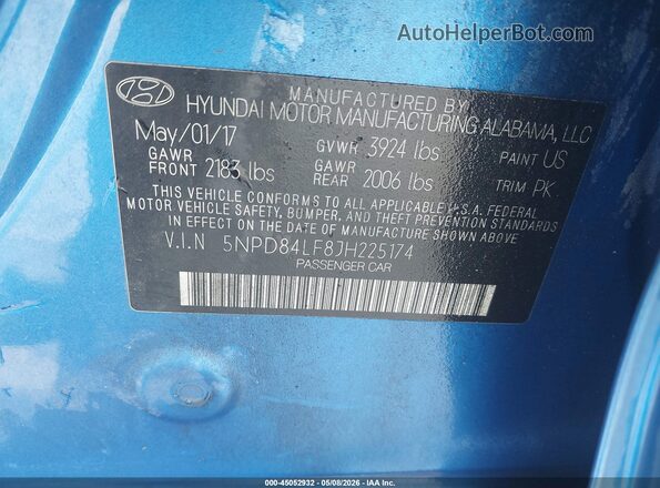 5NPD84LF8JH225174 2018 HYUNDAI ELANTRA Синий Вид подкапотного пространства