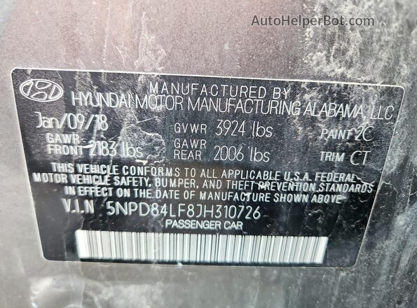5NPD84LF8JH310726 2018 HYUNDAI ELANTRA Gray Vista del compartimento del motor