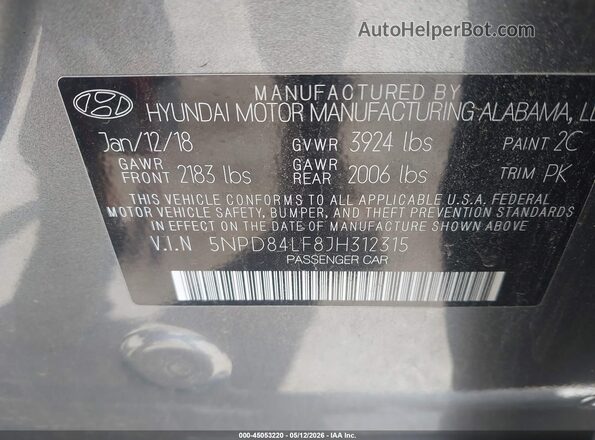 5NPD84LF8JH312315 2018 HYUNDAI ELANTRA Серый Вид подкапотного пространства
