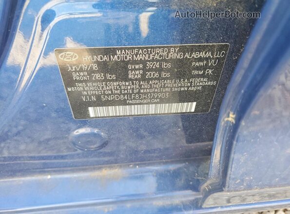 5NPD84LF8JH379903 2018 HYUNDAI ELANTRA Blue Vista del compartimento del motor