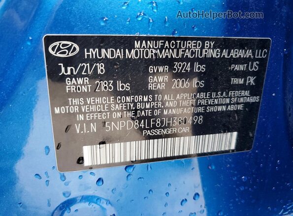 5NPD84LF8JH380498 2018 HYUNDAI ELANTRA Синий Вид наклейки с VIN-кодом