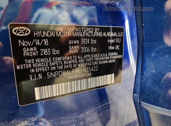 5NPD84LF8KH435422 2019 HYUNDAI ELANTRA Blue Вид підкапотного простору