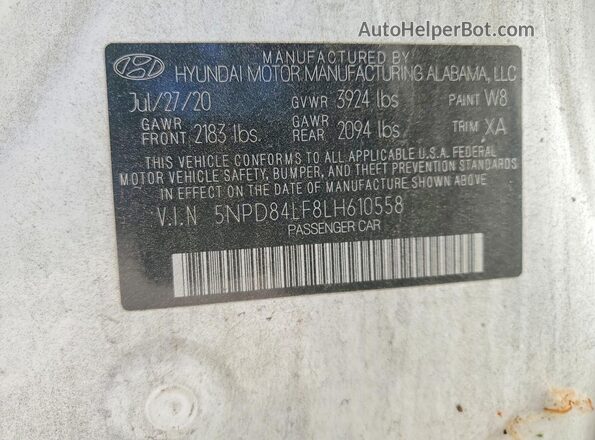 5NPD84LF8LH610558 2020 HYUNDAI ELANTRA White Vista de la etiqueta del VIN