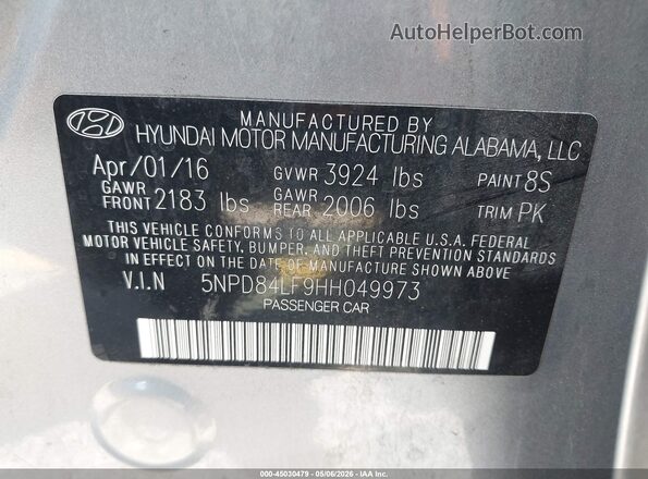 5NPD84LF9HH049973 2017 HYUNDAI ELANTRA Серебряный Вид подкапотного пространства