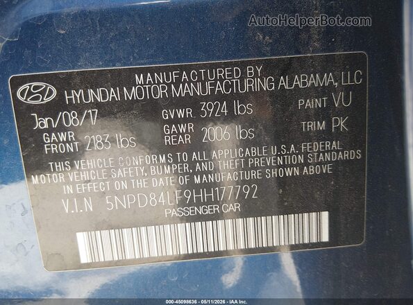5NPD84LF9HH177792 2017 HYUNDAI ELANTRA Blue Widok komory silnika