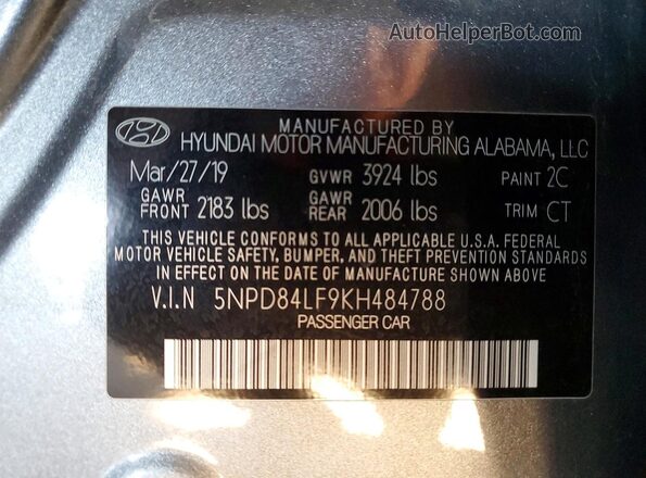 5NPD84LF9KH484788 2019 HYUNDAI ELANTRA Gray Вид наклейки з VIN-кодом