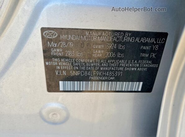 5NPD84LF9KH485391 2019 HYUNDAI ELANTRA Silver VIN კოდის სტიკერის ხედი