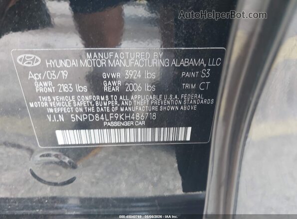 5NPD84LF9KH486718 2019 HYUNDAI ELANTRA Black Engine compartment view