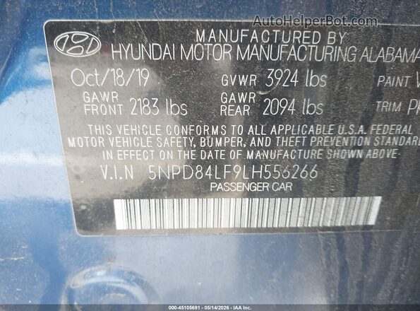 5NPD84LF9LH556266 2020 HYUNDAI ELANTRA Blue Vista del compartimento del motor