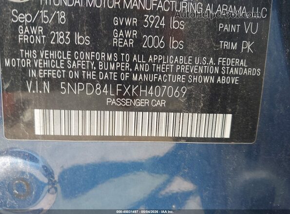 5NPD84LFXKH407069 2019 HYUNDAI ELANTRA Синий Вид подкапотного пространства
