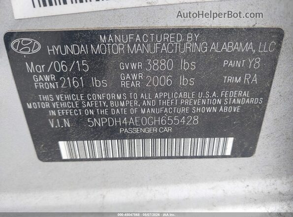 5NPDH4AE0GH655428 2016 HYUNDAI ELANTRA Silver Widok komory silnika