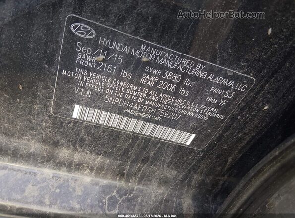 5NPDH4AE0GH759207 2016 HYUNDAI ELANTRA Black Շարժիչի բաժամունքի տեսք