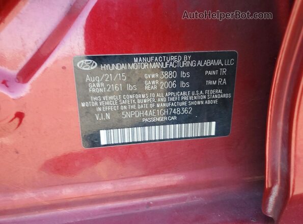 5NPDH4AE1GH748362 2016 HYUNDAI ELANTRA Бордовый Вид подкапотного пространства