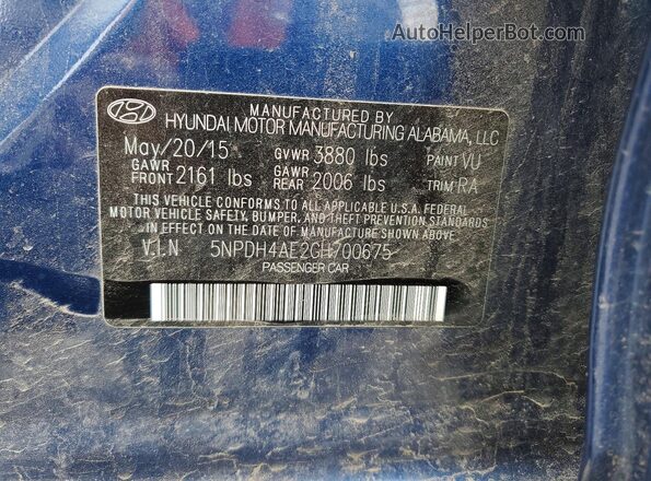 5NPDH4AE2GH700675 2016 HYUNDAI ELANTRA Blue Вид підкапотного простору