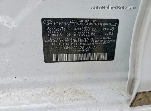 5NPDH4AE3GH666326 2016 HYUNDAI ELANTRA Белый Вид наклейки с VIN-кодом