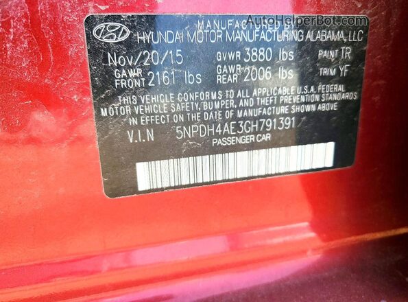 5NPDH4AE3GH791391 2016 HYUNDAI ELANTRA Red Widok naklejki z numerem VIN