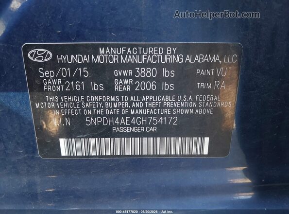 5NPDH4AE4GH754172 2016 HYUNDAI ELANTRA Blue Вид підкапотного простору