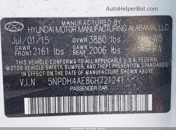 5NPDH4AE8GH721241 2016 HYUNDAI ELANTRA White Vista del compartimento del motor