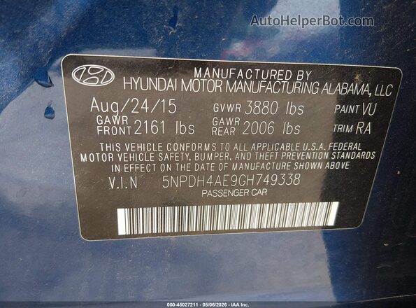 5NPDH4AE9GH749338 2016 HYUNDAI ELANTRA Синий Вид подкапотного пространства