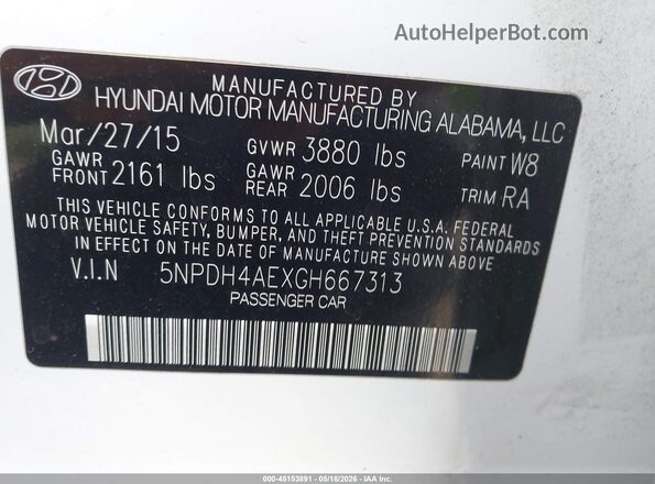 5NPDH4AEXGH667313 2016 HYUNDAI ELANTRA White Engine compartment view