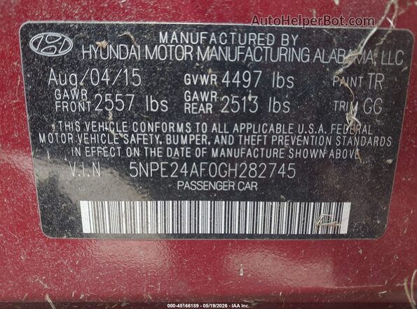 5NPE24AF0GH282745 2016 HYUNDAI SONATA Бордовый Вид подкапотного пространства