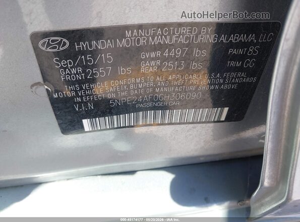 5NPE24AF0GH306090 2016 HYUNDAI SONATA Серебряный Вид подкапотного пространства