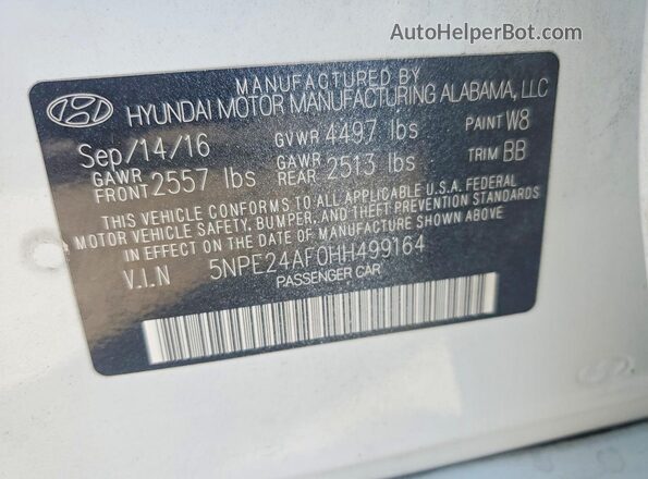 5NPE24AF0HH499164 2017 HYUNDAI SONATA Белый Вид подкапотного пространства