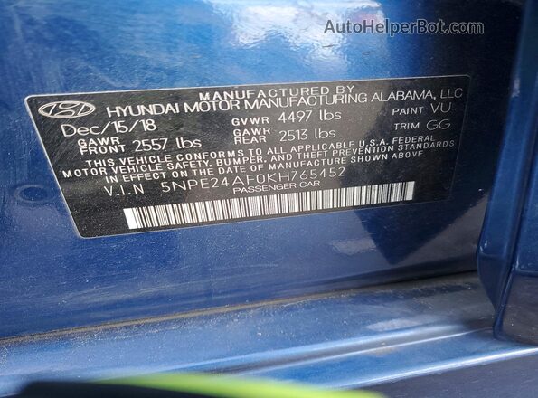 5NPE24AF0KH765452 2019 HYUNDAI SONATA Синий Вид подкапотного пространства