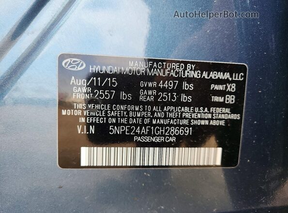 5NPE24AF1GH286691 2016 HYUNDAI SONATA Синий Вид подкапотного пространства