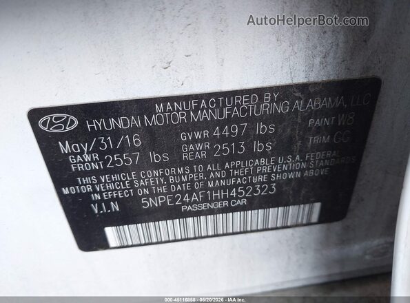 5NPE24AF1HH452323 2017 HYUNDAI SONATA Белый Вид подкапотного пространства