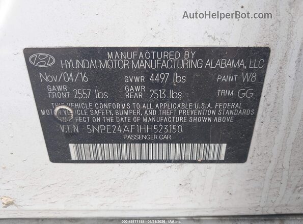 5NPE24AF1HH523150 2017 HYUNDAI SONATA Белый Вид подкапотного пространства