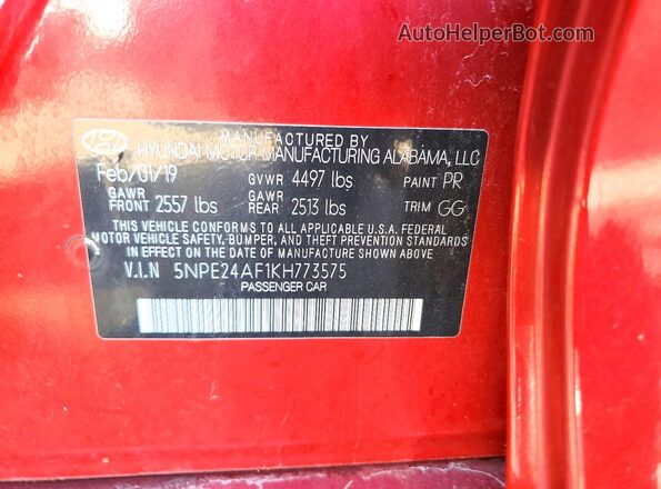5NPE24AF1KH773575 2019 HYUNDAI SONATA Бордовый Вид подкапотного пространства
