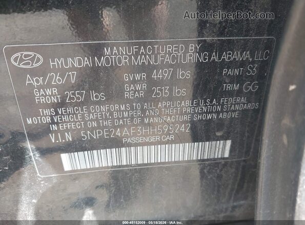 5NPE24AF3HH595242 2017 HYUNDAI SONATA Черный Вид подкапотного пространства