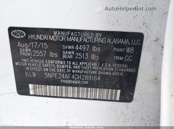 5NPE24AF4GH289164 2016 HYUNDAI SONATA Белый Вид подкапотного пространства