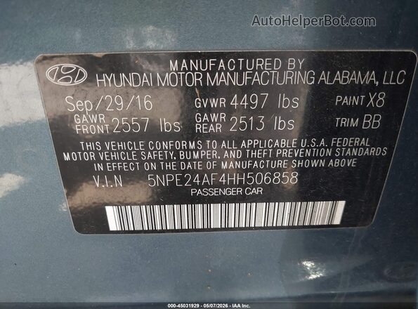 5NPE24AF4HH506858 2017 HYUNDAI SONATA Синий Вид подкапотного пространства